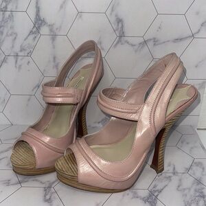 LEON MAX Pink Leather Slingback Peep Toe Heels Wooden Stacked Platform 7 NEW
